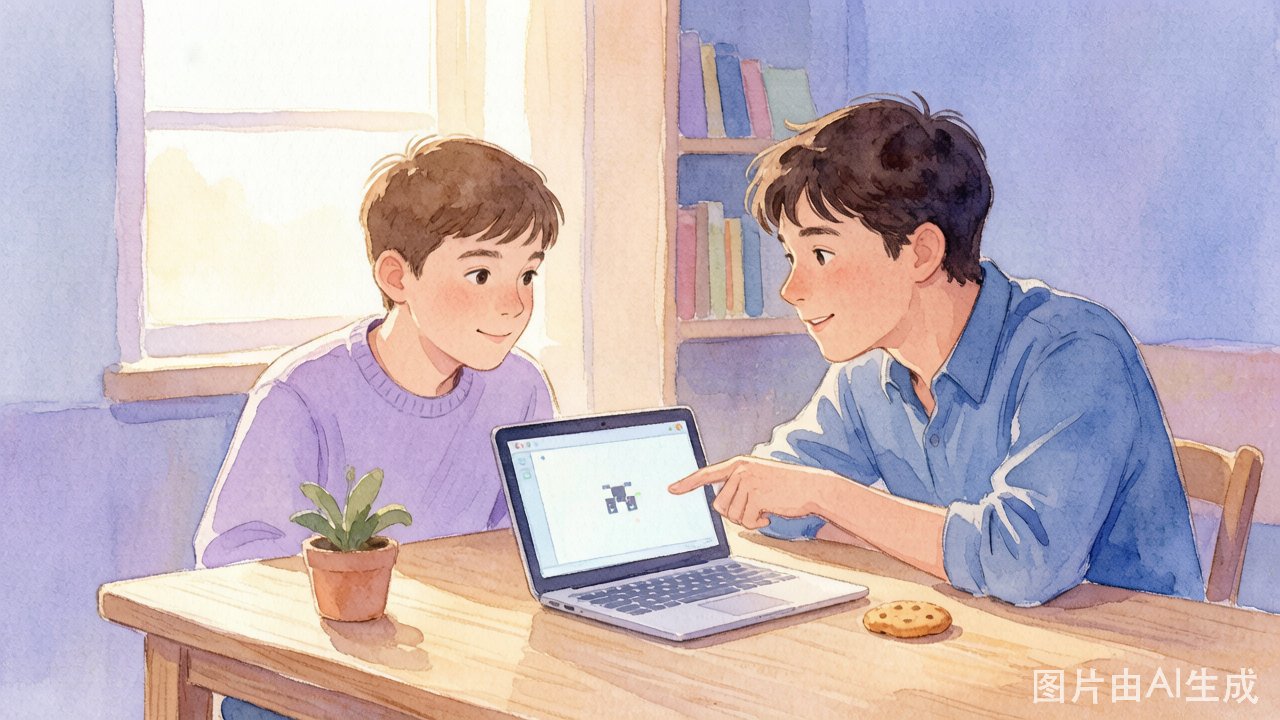 少年与表哥在灯下一起看电脑屏幕
