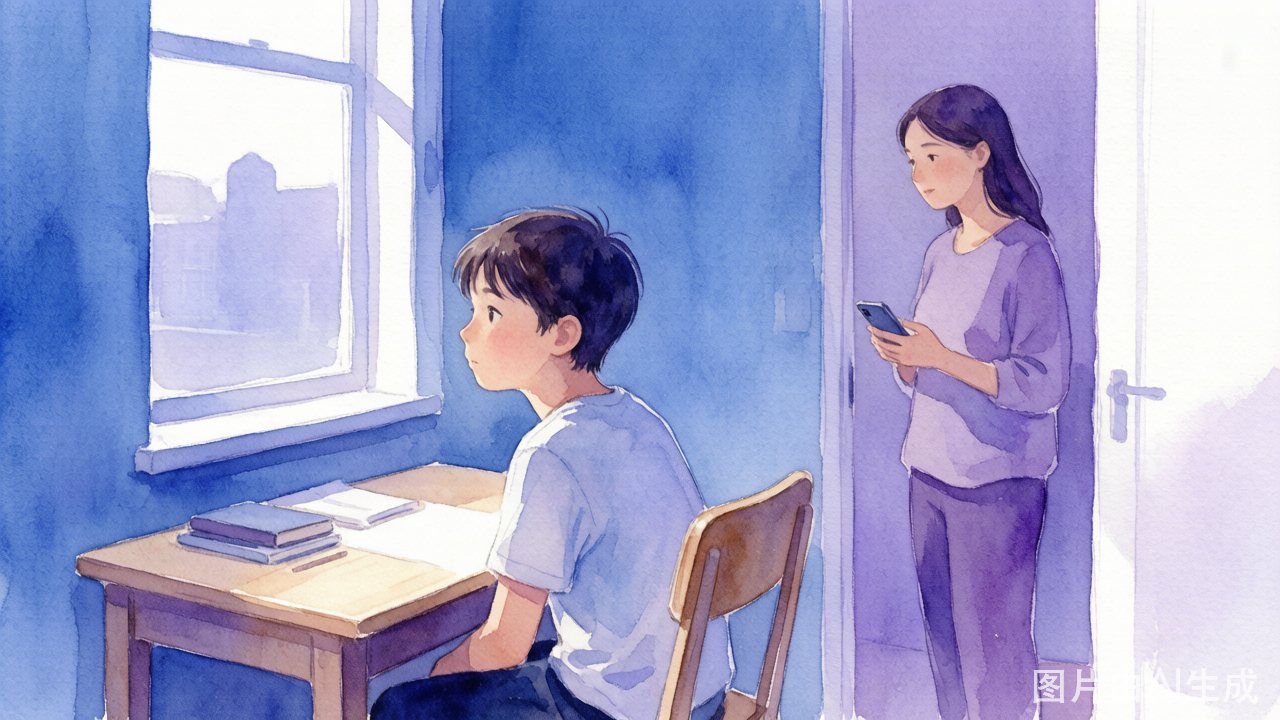 12岁男孩坐在书桌前望着窗外的新校园，妈妈在门边安静地看着他