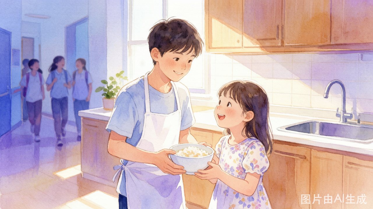 14岁男孩在温馨厨房系围裙做饭、微笑着给妹妹递碗，背景隐约是校园走廊里同学的模糊身影