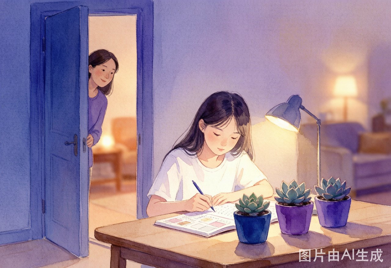初三少女安静坐在书桌前做手账、旁边摆着几盆小多肉盆栽，妈妈在半开的门边温和地张望
