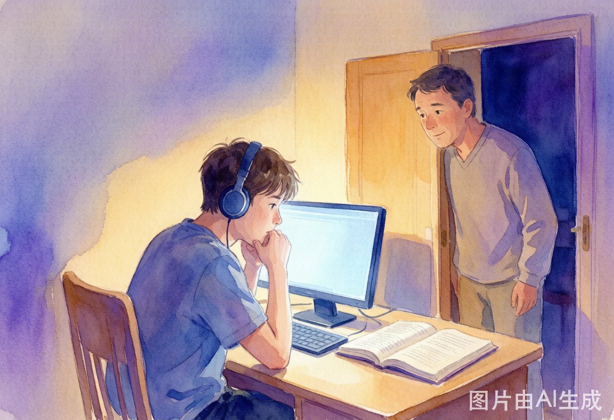 夜里，高一男孩戴着耳机对着电脑屏幕神情专注，书桌另一角摊着没翻开的课本，父亲站在半掩的房门边默默张望