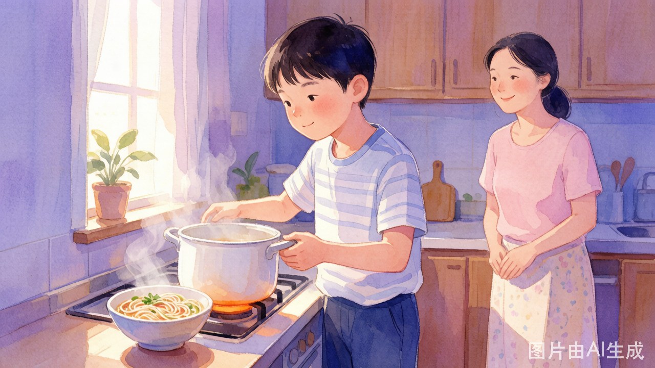 六年级男孩在厨房给妈妈煮面条的温暖场景，妈妈在旁温和张望