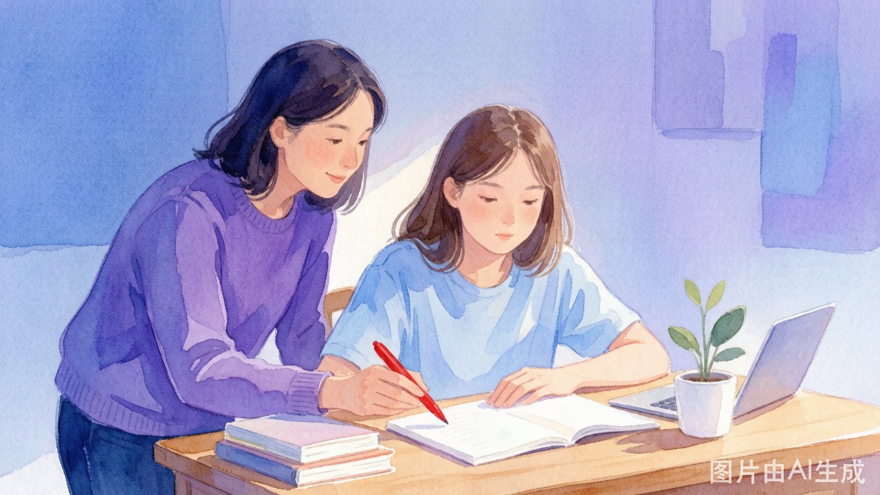 高二女孩坐在书桌前，当老师的妈妈放下红笔，在旁温和陪伴的温暖场景
