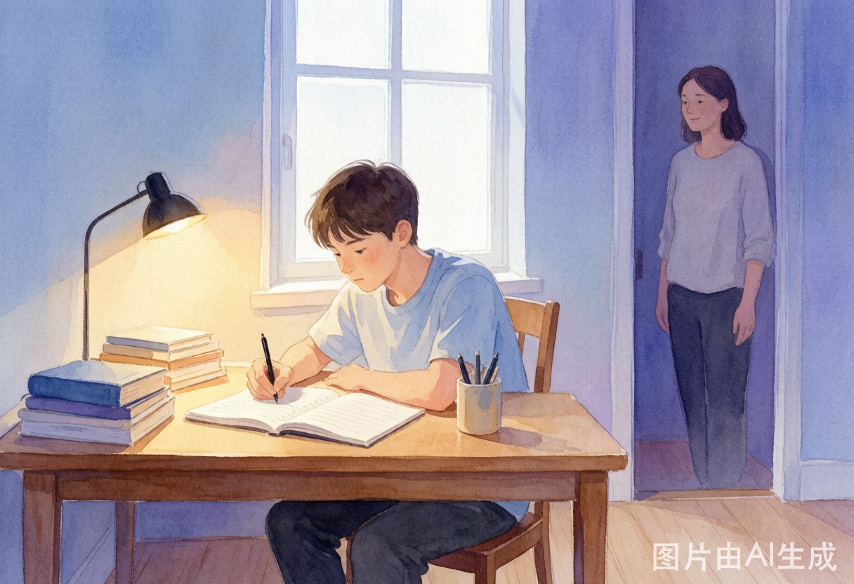 高三男孩在书桌前写东西，母亲在门边温柔注视