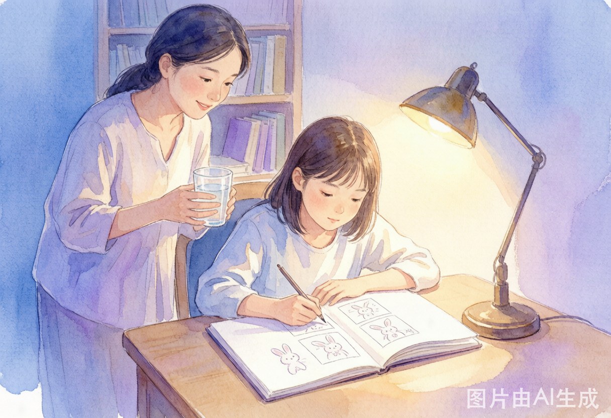 初一女孩在书桌前画漫画，妈妈端着水杯在旁温柔陪伴
