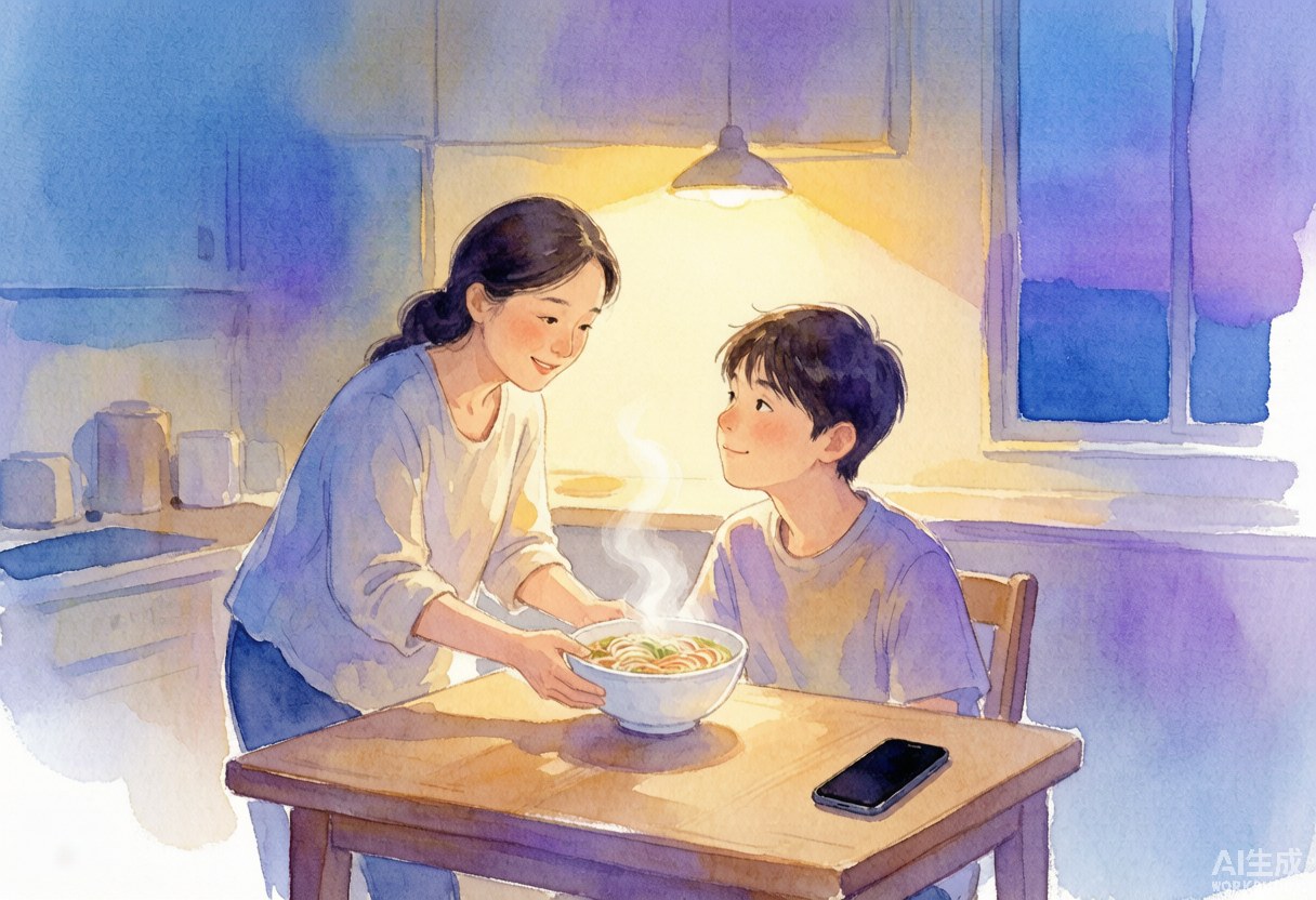 傍晚的厨房，妈妈把一碗面放在少年面前，手机安静地扣在桌角
