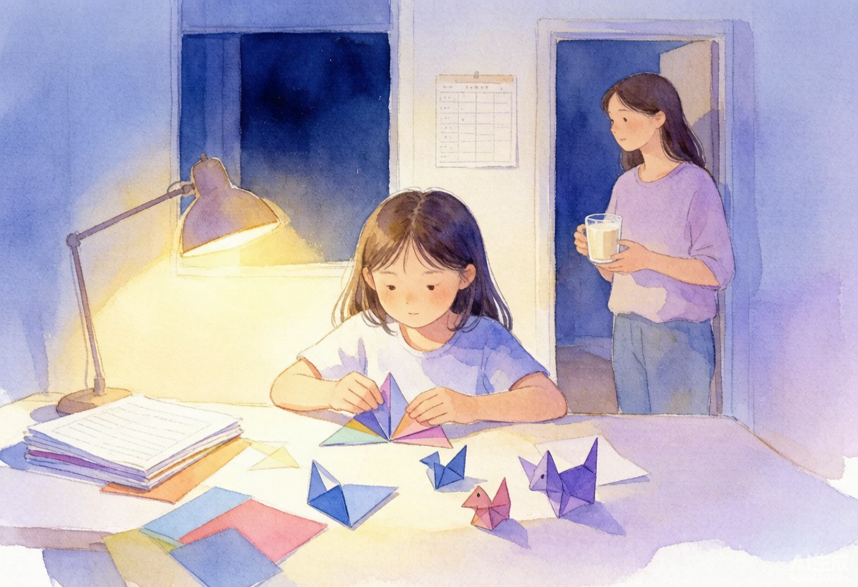 夜里台灯下折纸的女孩与门口端着牛奶的妈妈，柔和水彩蓝紫色调温暖家庭场景