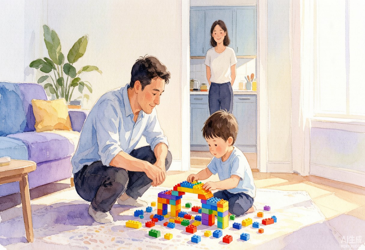 周末客厅里，爸爸蹲在地上看小男孩拼乐高桥梁，妈妈在厨房门口松口气，柔和水彩蓝紫色调温暖家庭场景