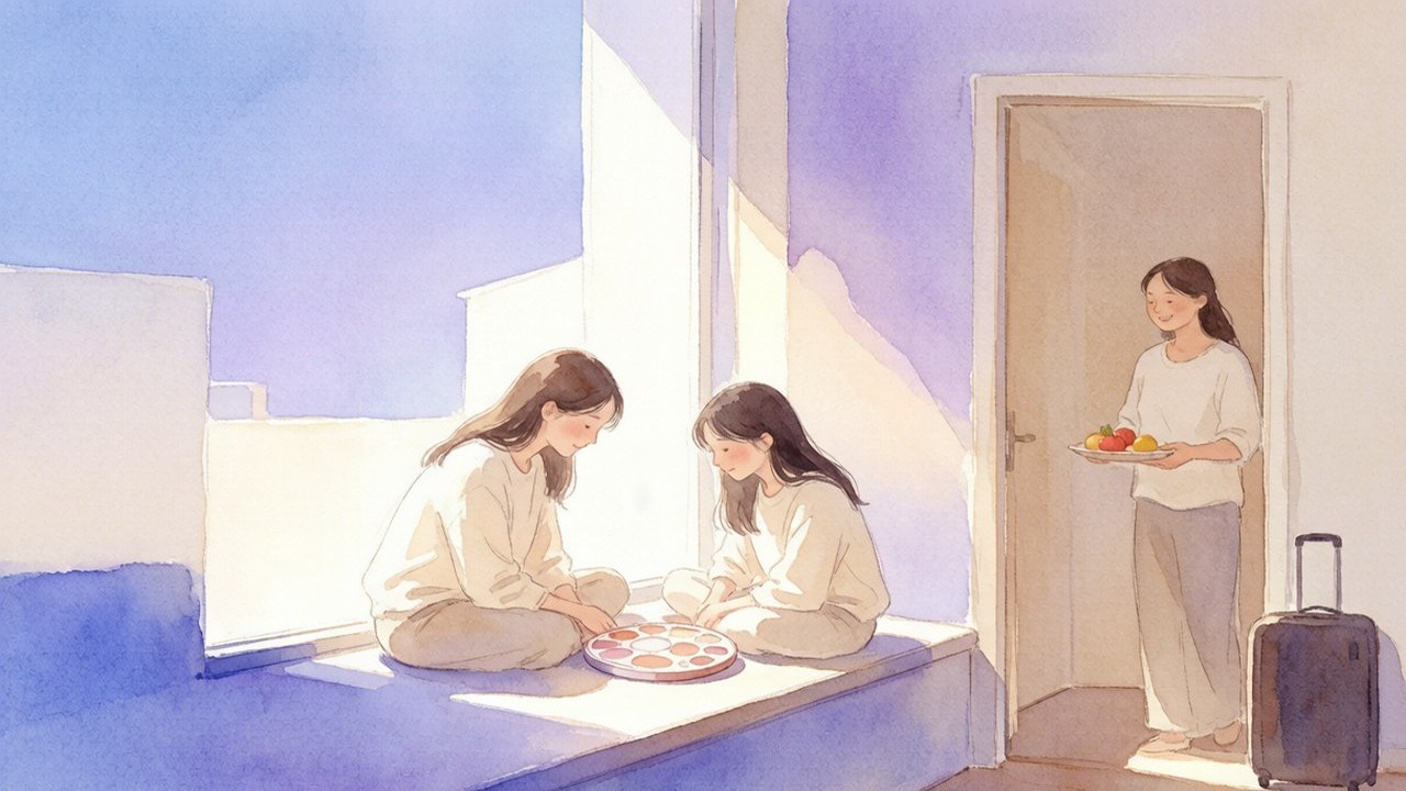 周日午后的家中窗边，大学生表姐和高二女孩并肩坐着看化妆盘，妈妈端水果站在门口微笑，行李箱立在玄关，柔和水彩蓝紫色调温暖家庭场景