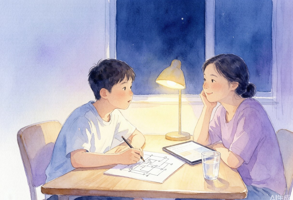 夏夜书桌前，十四岁男孩在纸上画电路图并向坐在旁边的妈妈讲解，台灯暖光，妈妈手托下巴认真听，柔和水彩蓝紫色调温暖家庭场景