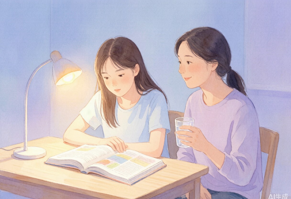开学前夜，十五岁女孩在书桌前翻看新课本，妈妈端着一杯水坐在她旁边温和看着，台灯暖光，柔和水彩蓝紫色调温暖家庭场景