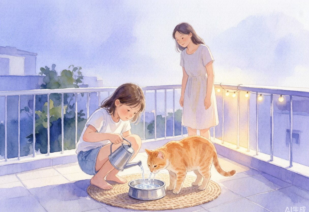 夏日阳台，十岁女孩蹲在地上给橘色流浪猫倒水，妈妈站在不远处温和看着，暖光，柔和水彩蓝紫色调温暖家庭场景