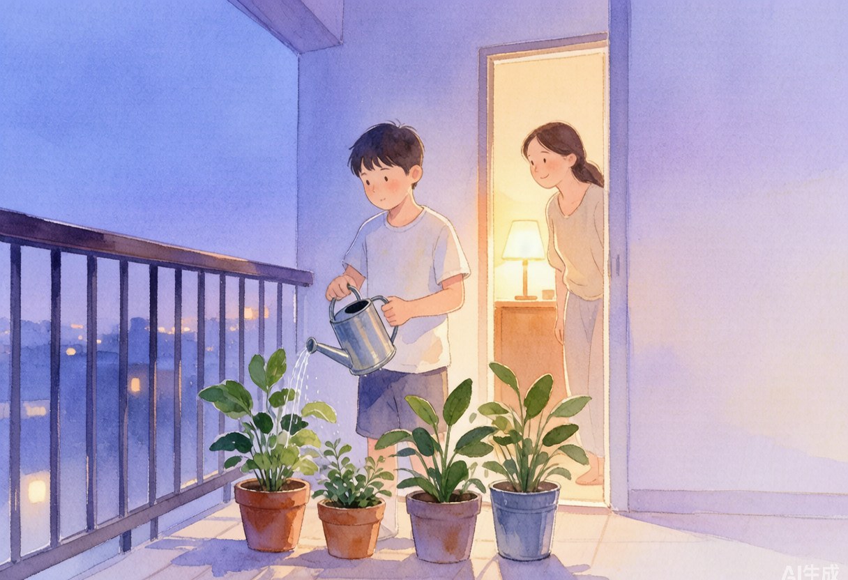 暑假傍晚，十三岁男孩在阳台给绿植浇水，妈妈在门口温和地望着他，台灯暖光，柔和水彩蓝紫色调温暖家庭场景