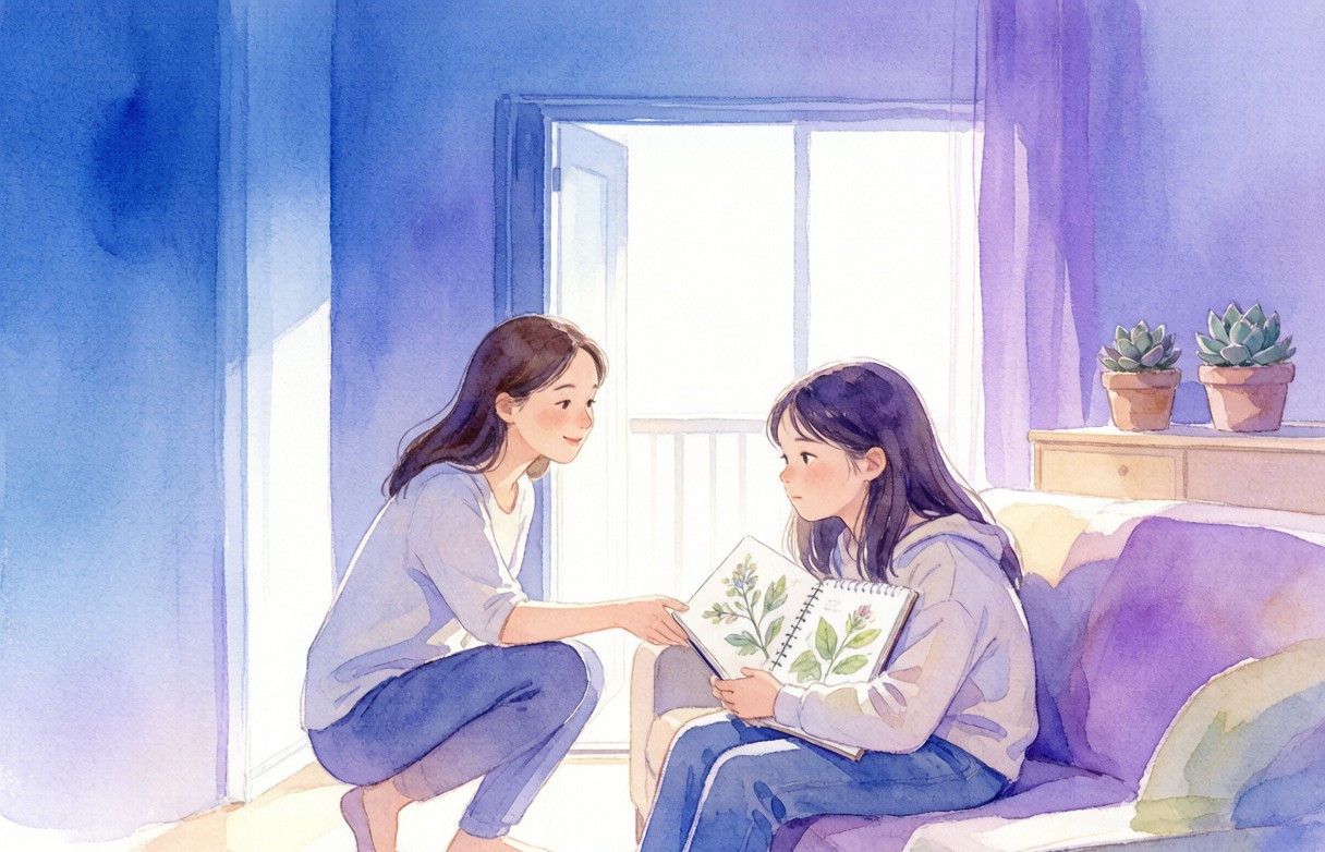 周末客厅里，妈妈蹲在门边想拉五年级女孩出门参加聚会，女孩抱着自然观察本躲在沙发一角，柔和水彩蓝紫色调温暖家庭场景