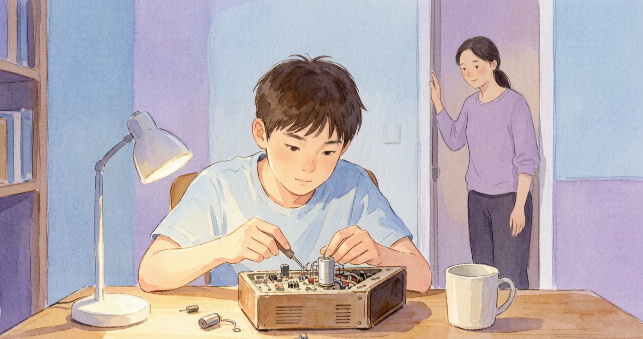 夜晚书桌前，十五岁男孩低头摆弄一台拆开的旧收音机，母亲在半开的门边温和张望，台灯暖光落在零件上，柔和水彩蓝紫色调温暖家庭场景