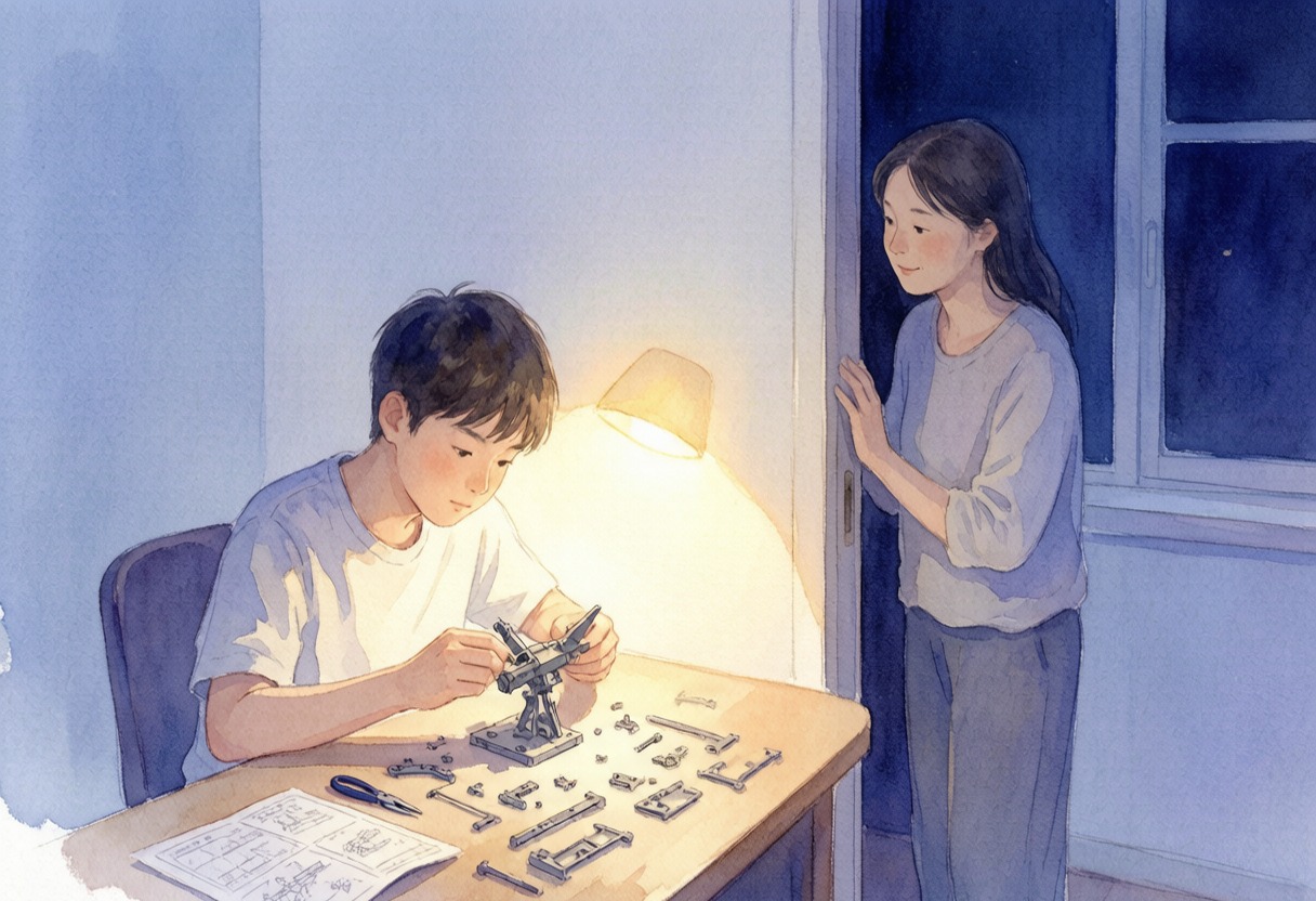 暑假夜晚，十四岁男孩在书桌前专注拼装军事模型，母亲在半开的门边温和张望没有催促，台灯暖光落在模型零件上，柔和水彩蓝紫色调温暖家庭场景