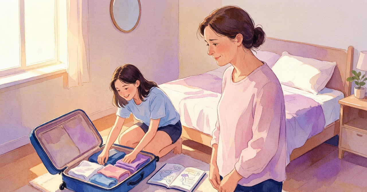 温暖的家庭场景插画：母亲温柔注视正在收拾行李箱的女儿，柔和水彩蓝紫色调