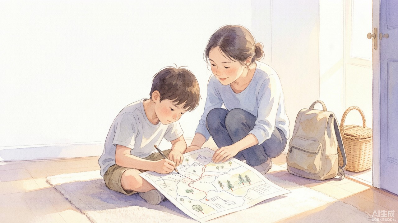 温暖水彩插画：十岁男孩坐在地板上专注画一张手绘地图，母亲蹲在身边温和地看着没有催促，门口放着准备出门的背包与野餐篮，午后暖光洒入，蓝紫柔和色调家庭场景