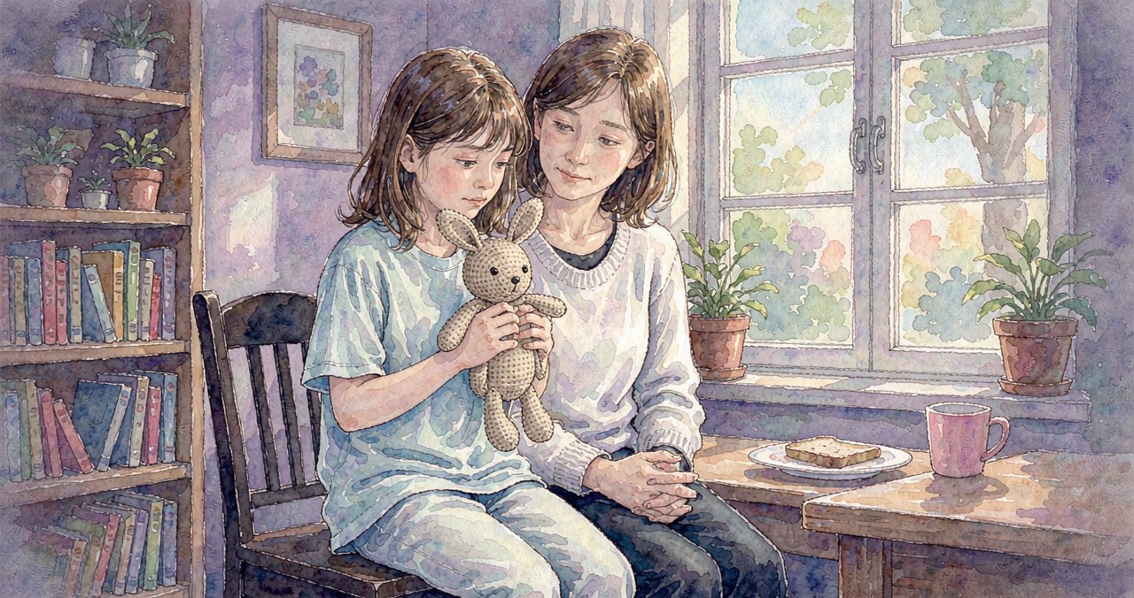 复学孩子与妈妈在晨光里的温暖场景插画