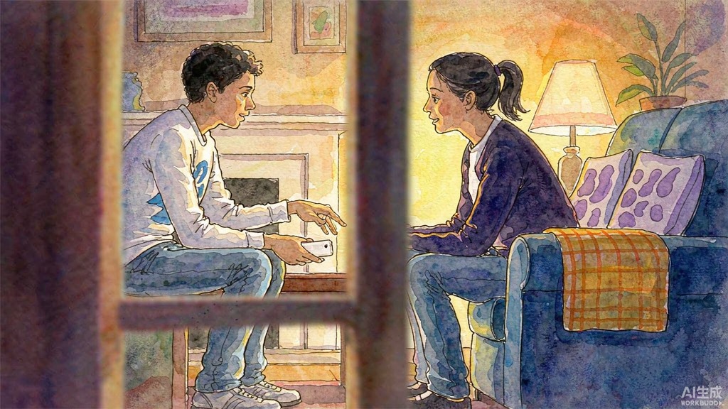 初二男孩与妈妈在客厅，男孩把手机放到桌上抬头看妈妈，暖黄台灯下氛围柔和，蓝紫水彩插画
