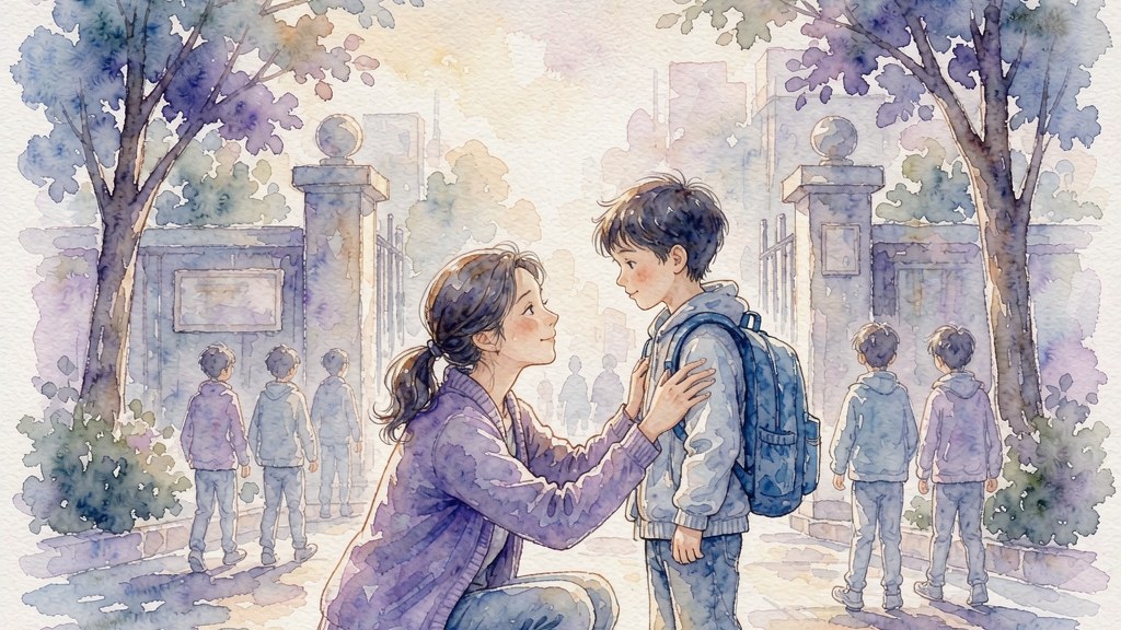 清晨校门口，妈妈蹲下来平视孩子的水彩插画
