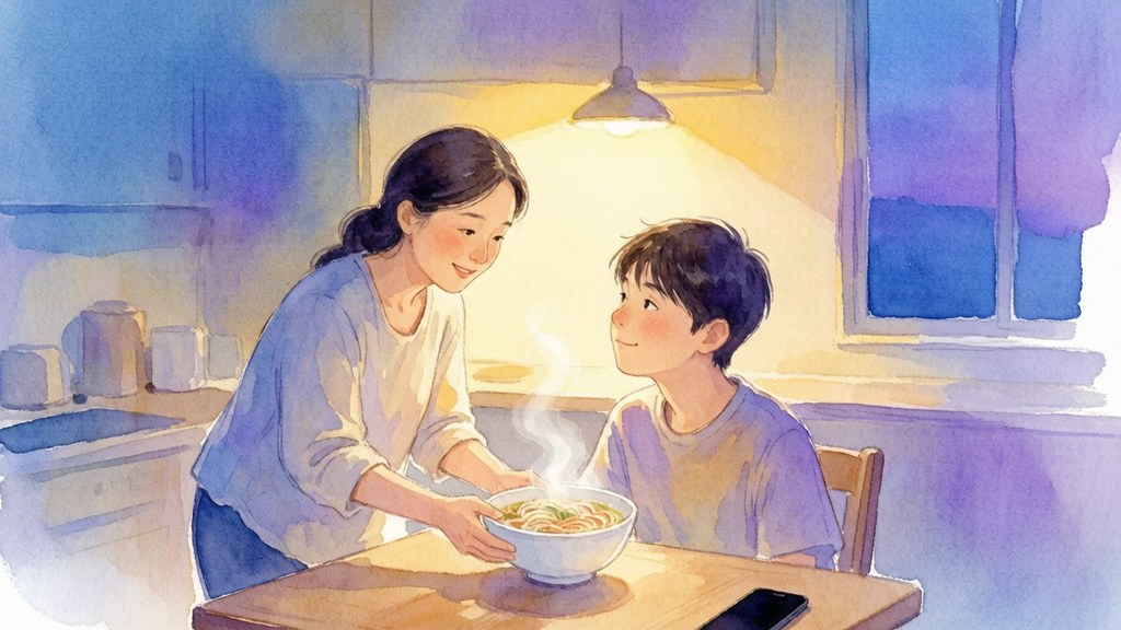 温暖的水彩插画：清晨的厨房餐桌旁，母亲把热饭端到少年面前，晨光透过窗户落在桌上