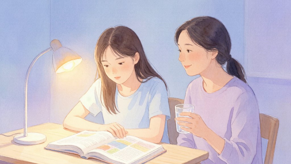 温暖的水彩插画：台灯下的书桌旁，母亲端着水杯坐在女儿身边，暖光落在摊开的书页上