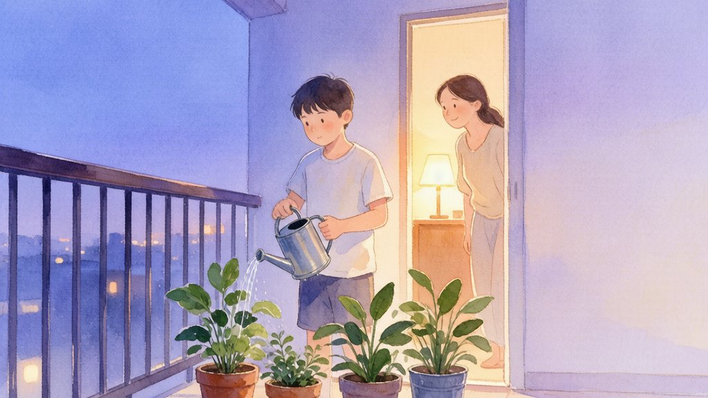 温暖的水彩插画：傍晚的阳台上，男孩安静地给绿植浇水，母亲站在门口远远望着他