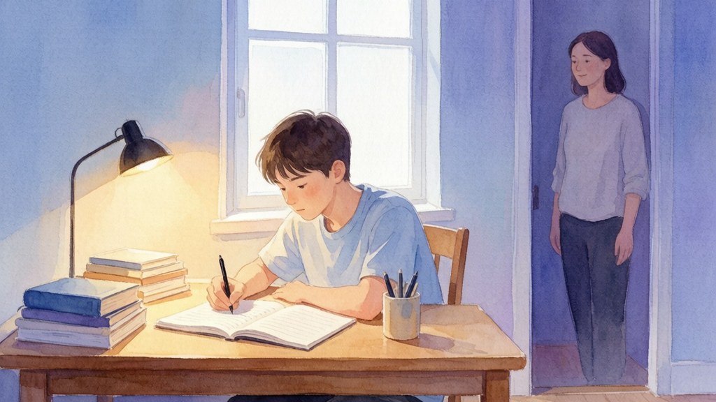 温暖的水彩插画：少年在书桌前安静地写着什么，妈妈站在门口看着他，没有进去打扰