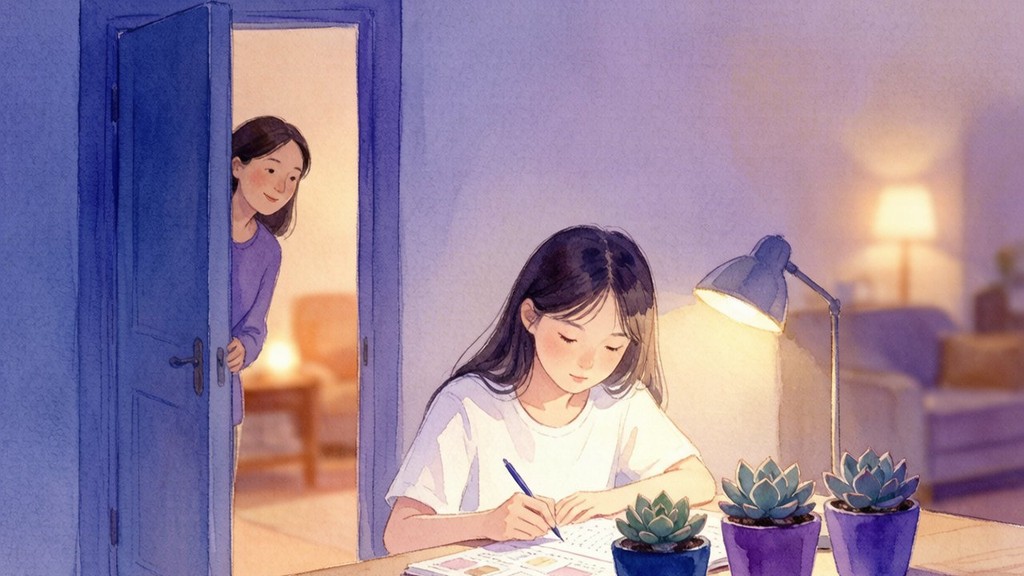 温暖的水彩插画：深夜台灯下，女孩在自己房间的书桌前写字，妈妈站在半开的门口看着她，没有进去打扰