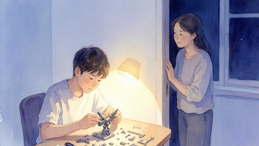 温暖的水彩插画：夜晚的房间里，少年在台灯下专注地做自己的事，妈妈站在门边静静看着他，没有进去打扰