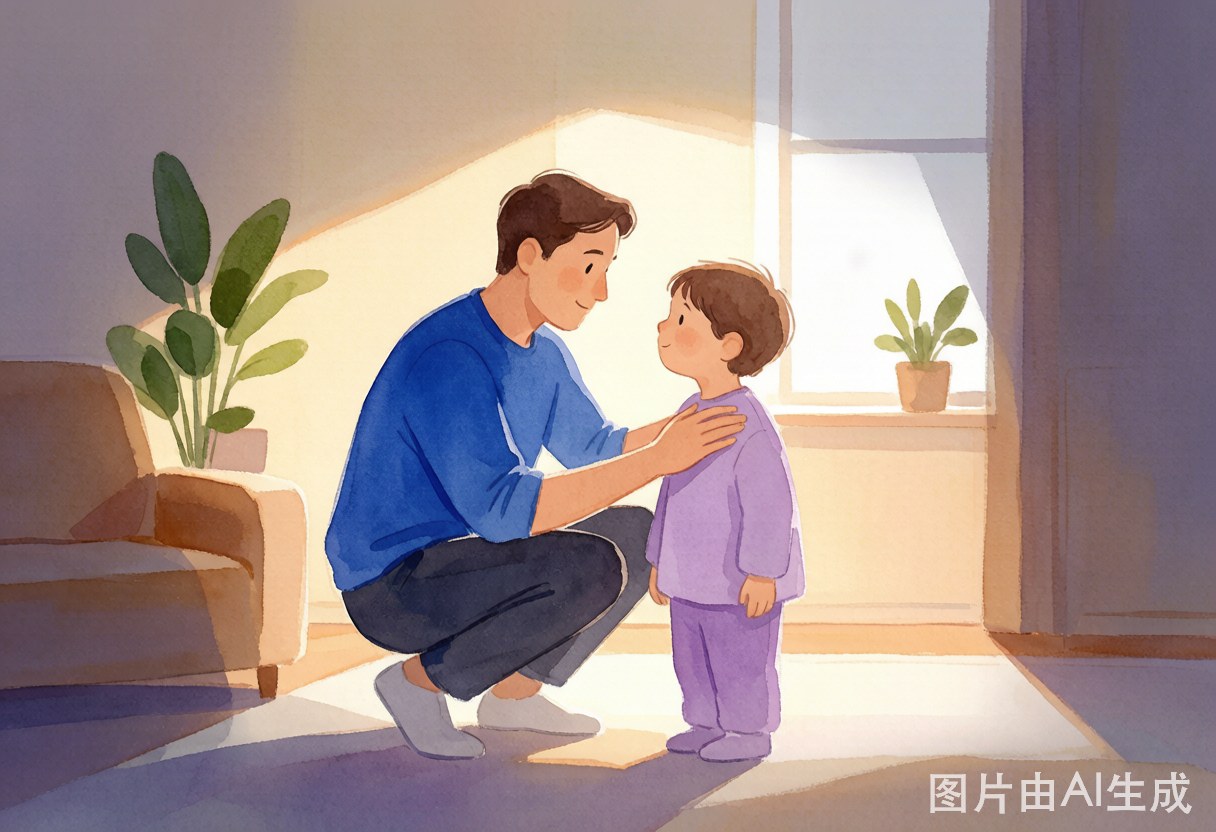 一位父亲蹲下身与孩子平视，轻拍孩子肩膀，两人目光温和相接，家中客厅暖光，氛围真诚和解