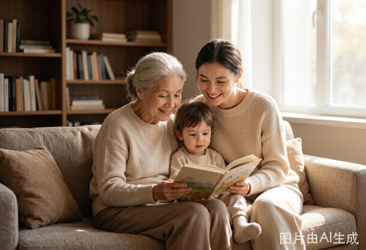 三代同堂的温暖瞬间：祖母、母亲与孩子一起在沙发上共读绘本，午后柔光与书架营造出安稳的家庭氛围