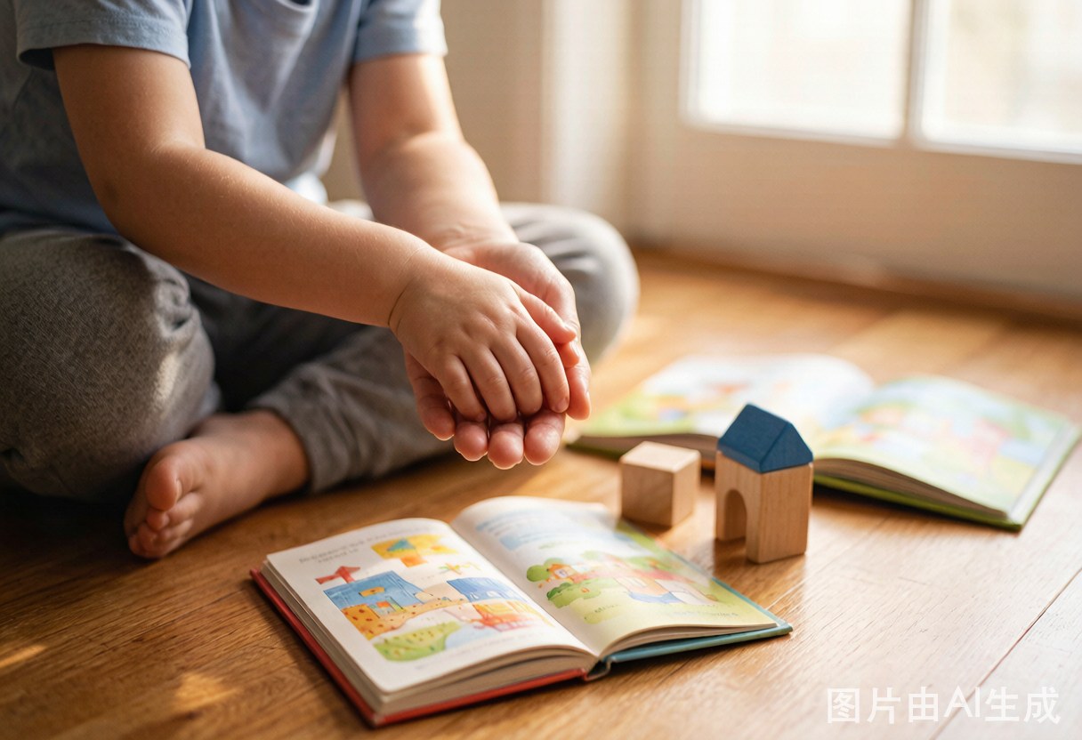 幼儿的小手被父母的大手温柔握住，身旁散落绘本与积木，晨光中透出早期陪伴的温度