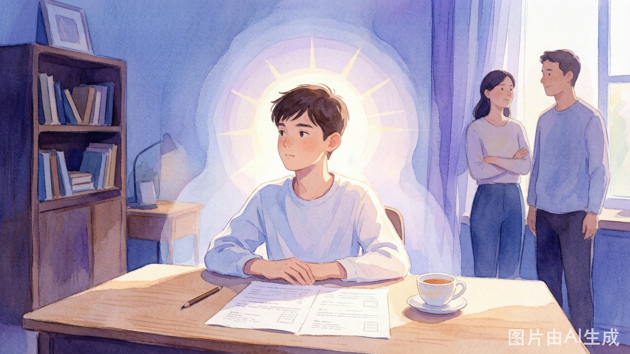 少年坐在书桌前，面前摊着试卷，但周围有一圈柔和开阔的光与空间象征容错率与呼吸感，父母在旁温和陪伴而非施压