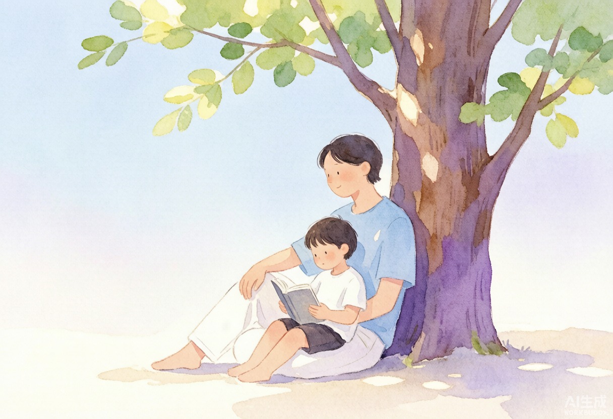 夏日午后，家长与孩子一起在树荫下安静地坐着，孩子松弛地翻着书，暖光透过树叶洒落，是休息与陪伴的画面而非补课战场