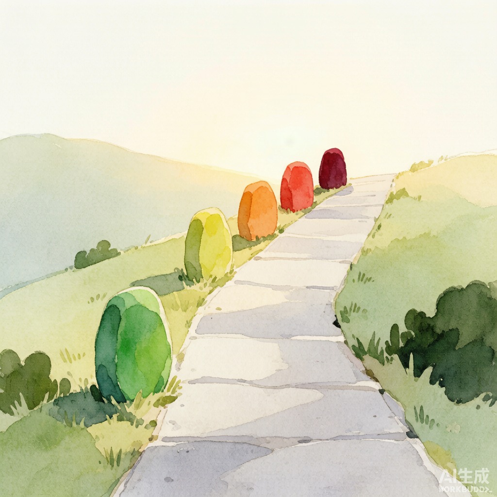 一条蜿蜒的上坡路，路旁有五个渐变的路标，每个路标颜色由绿转黄转橙转红转暗红，象征厌学五级预警的递进过程
