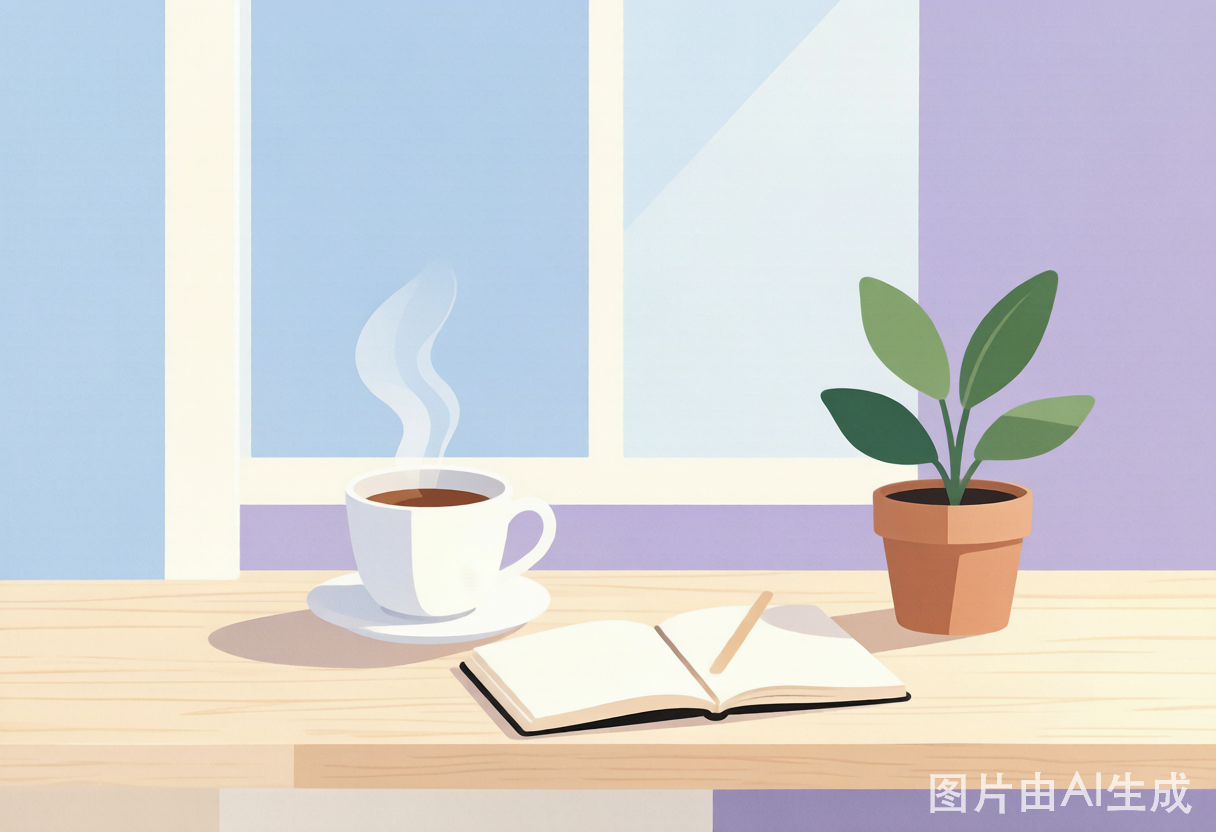 柔和晨光洒在窗台，一杯热茶、一本摊开的笔记本与一盆绿植，宁静而有力量的居家氛围