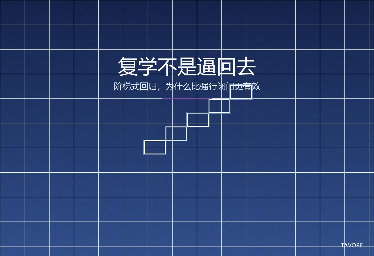 深蓝渐变背景上，一条由浅至深的阶梯曲线缓缓上升，象征孩子逐步回归校园的节奏