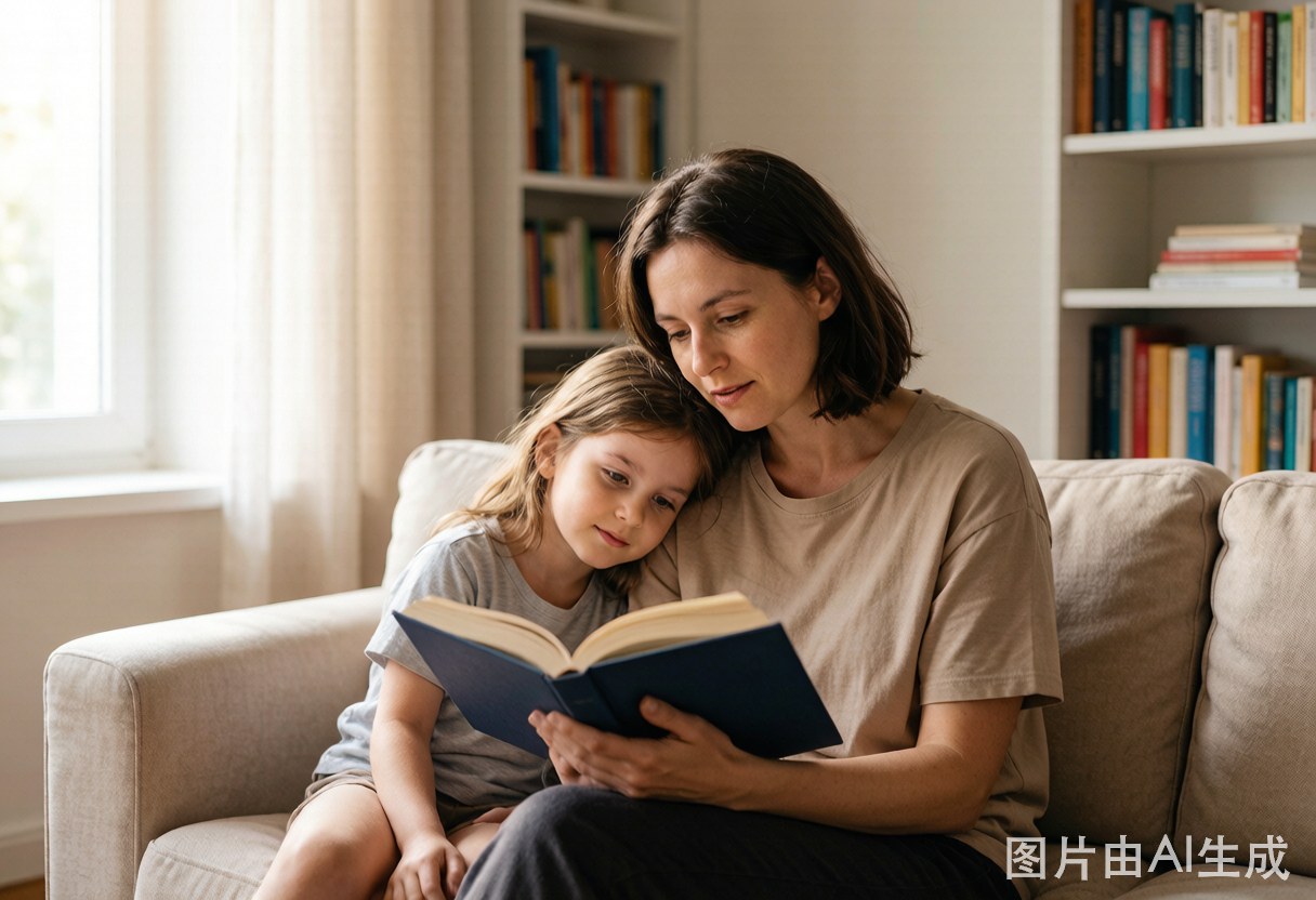 柔和晨光中，一位家长坐在沙发上给孩子读绘本，身后是满满的书架，温暖而安宁