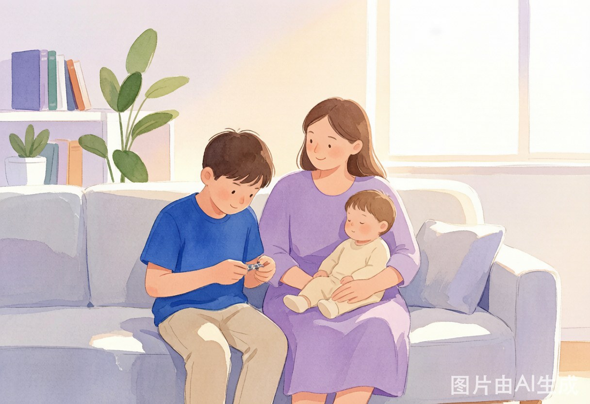 一位母亲温柔地坐在客厅，身旁依偎着一高一矮两个男孩，哥哥低头摆弄零件、弟弟靠在妈妈臂弯，窗外暖光洒入，氛围安宁被接住