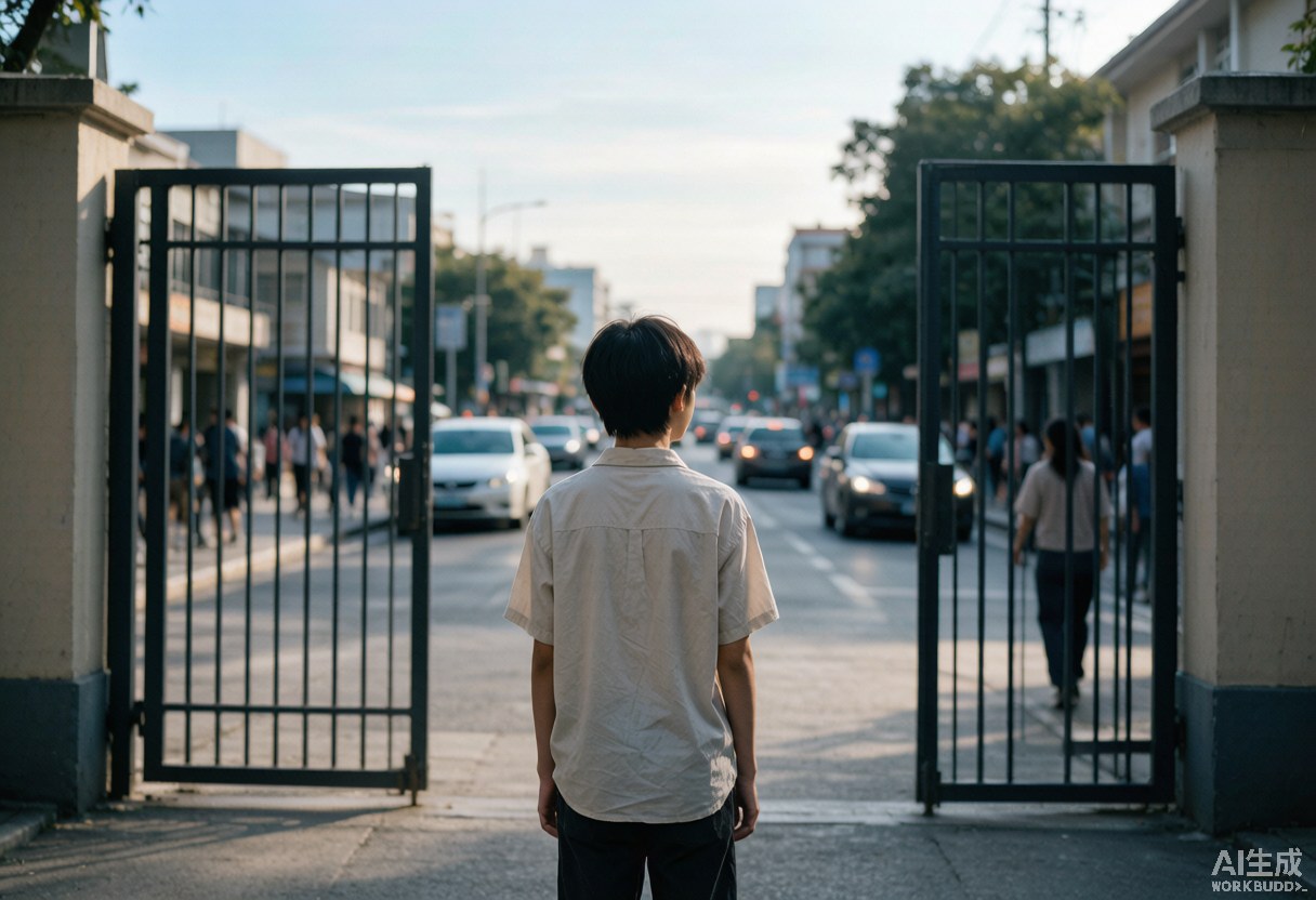 一个年轻人站在校门口望向外面繁忙的街道，象征独立面对社会挑战的时刻